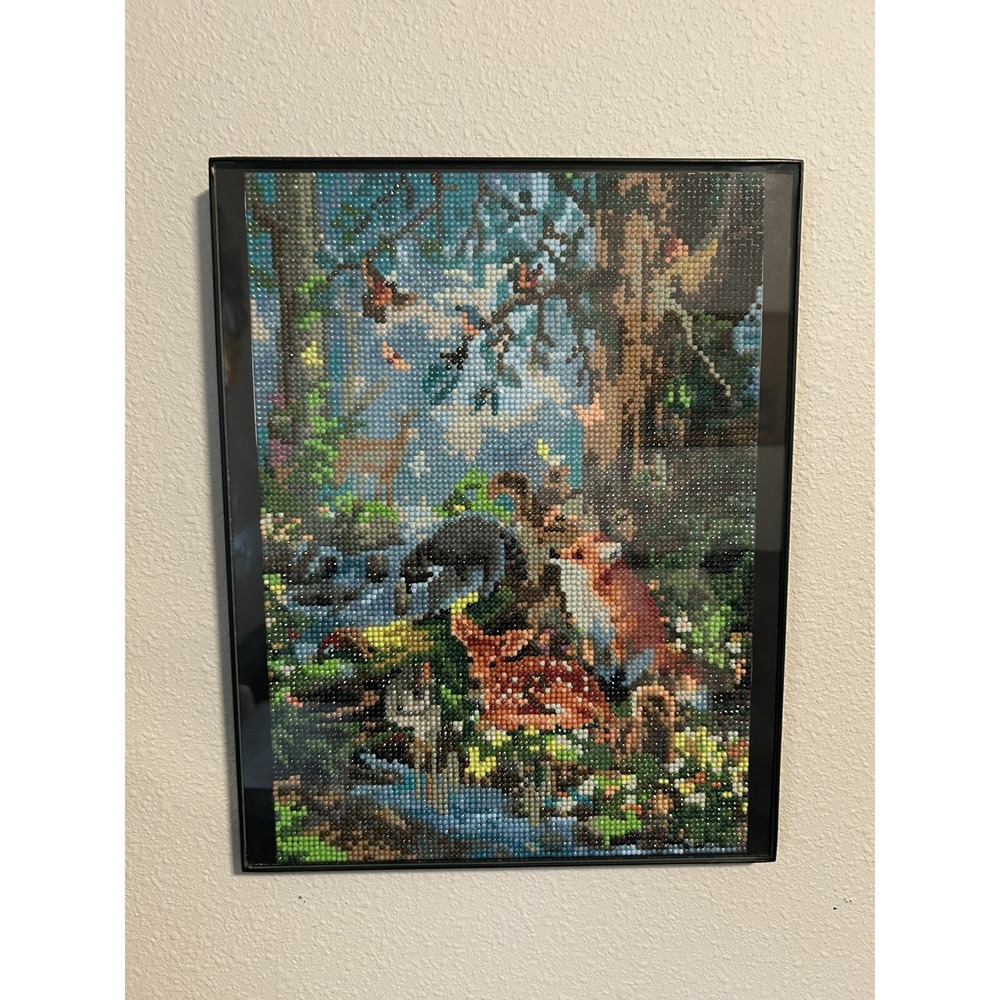 Beaded Diamond Painting Wall Hanging 14"x11 Sweet Forest Animals Black Framed - Picture 3 of 10